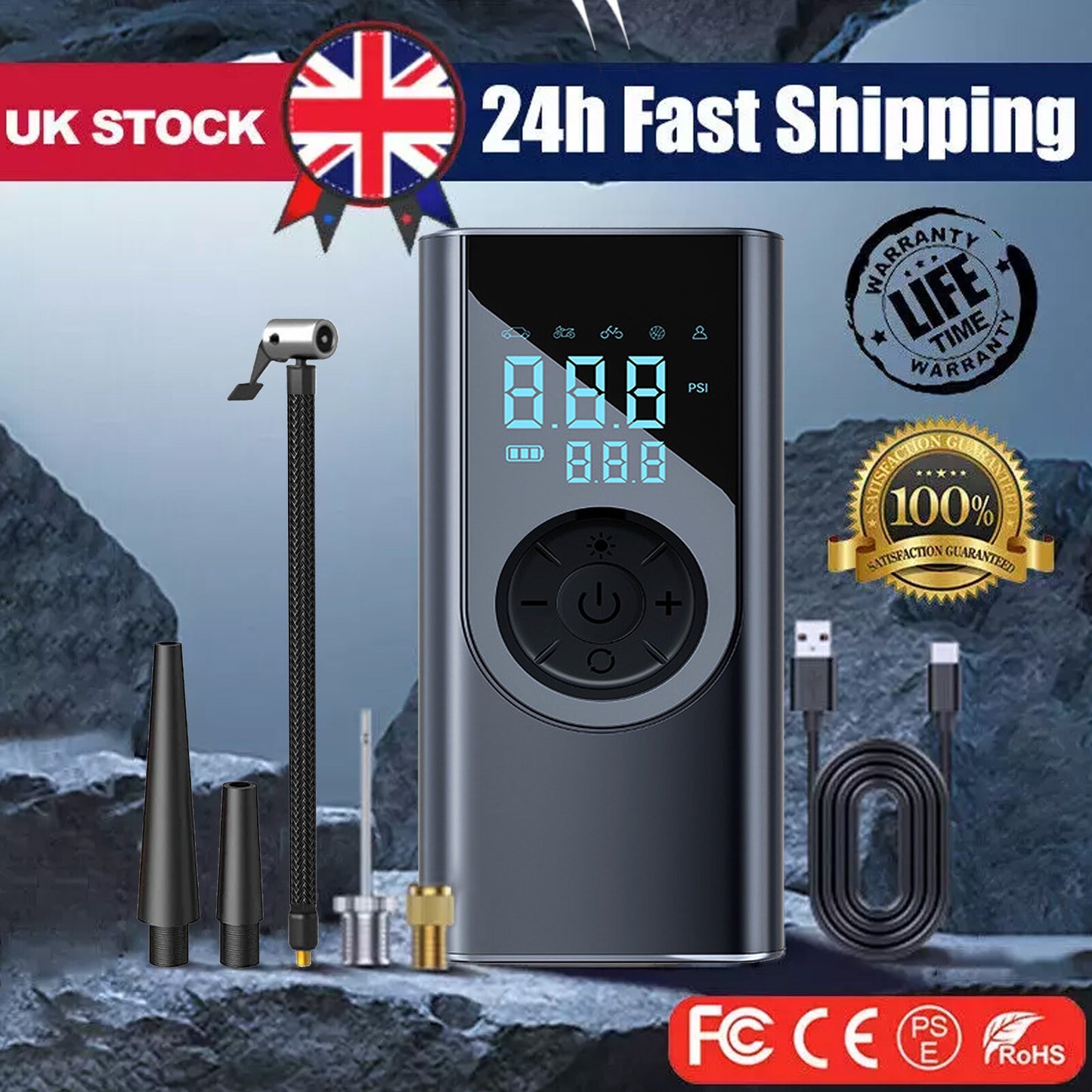 3 in 1 Wireless Digital Tyre Inflator 150PSI Portable Air Compressor For Car Moto Bike / Portable Phone charger / torch