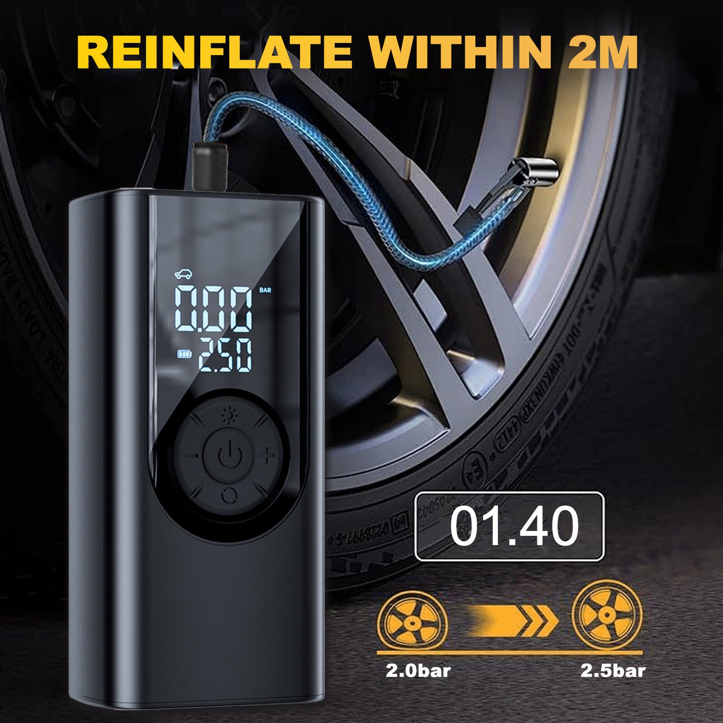 3 in 1 Wireless Digital Tyre Inflator 150PSI Portable Air Compressor For Car Moto Bike / Portable Phone charger / torch