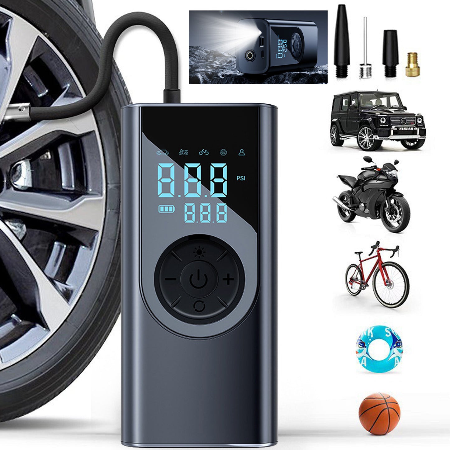 3 in 1 Wireless Digital Tyre Inflator 150PSI Portable Air Compressor For Car Moto Bike / Portable Phone charger / torch