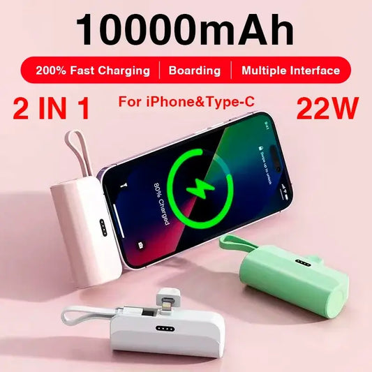 mini power bank for apple and android usb type c and lighning cable comes with built in cord